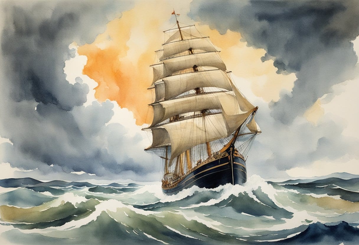 A ship sailing through stormy seas, encountering new lands and trade routes, symbolizing John Cabot's impact on Canadian exploration and European discovery
