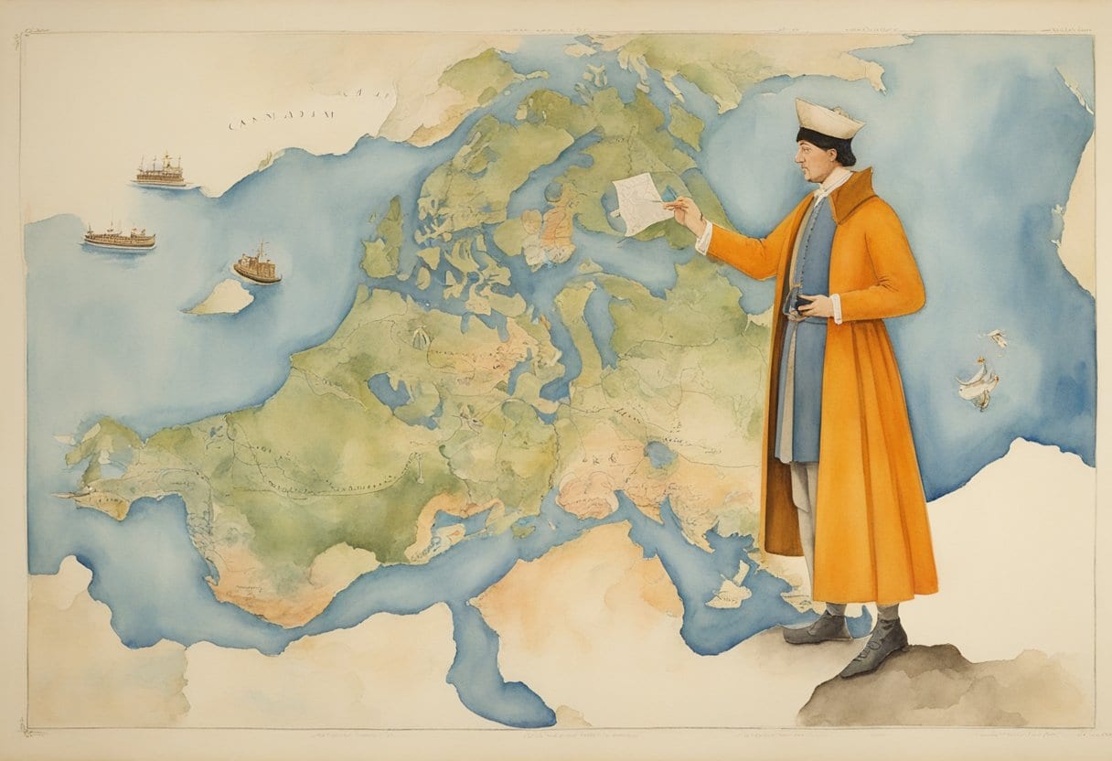 A regal figure presents a map to a determined explorer, symbolizing the financing of Cabot's Canadian voyage by King Henry VII