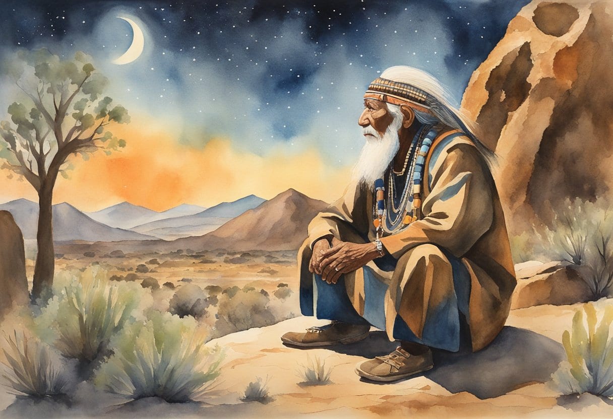 A Chumash elder sitting under the night sky, surrounded by ancient petroglyphs, as he tells the story of the star people
