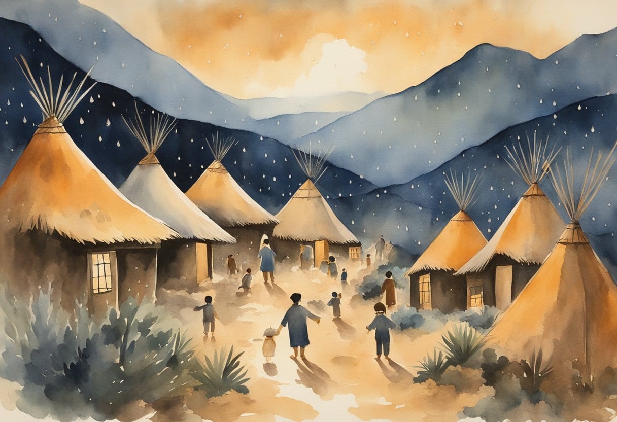 A Chumash village under a starry sky, with the first rain falling and the people celebrating