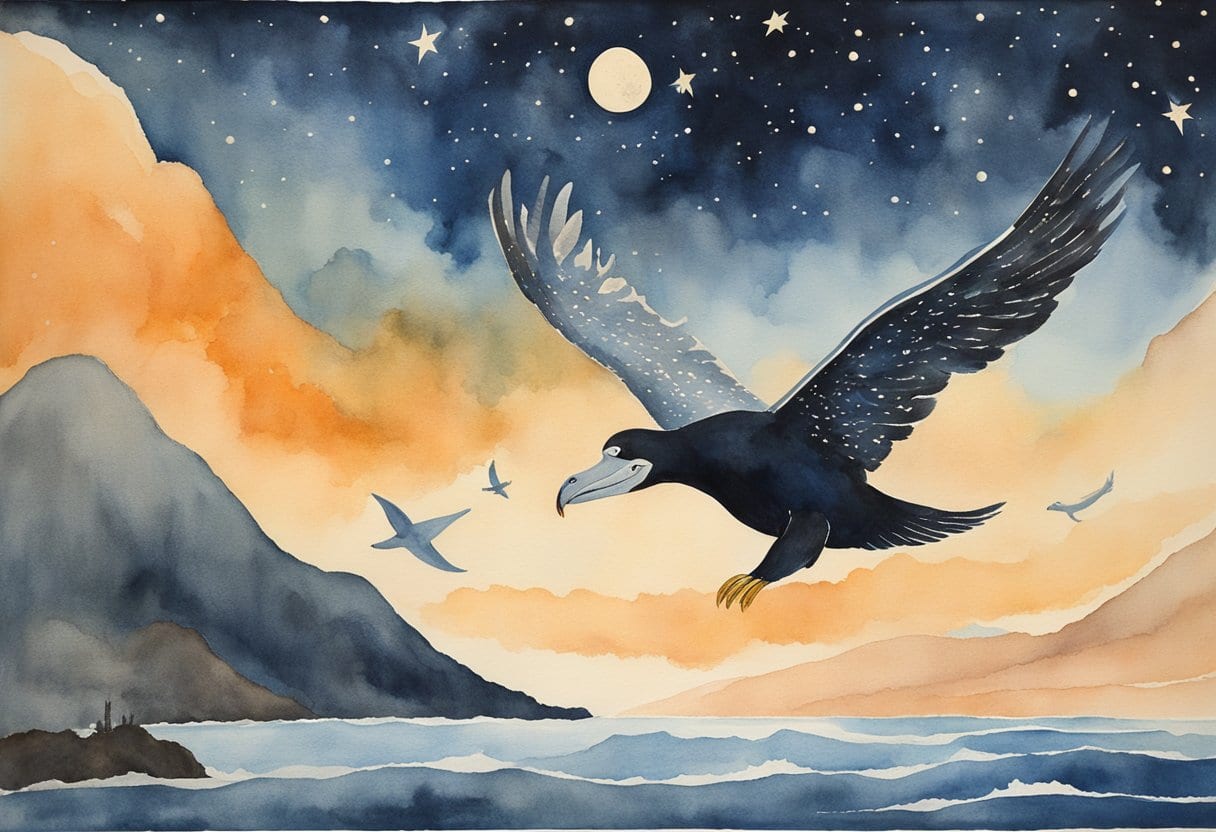 A condor and a whale soar through the night sky, surrounded by shimmering star people in the Chumash folklore of California natives