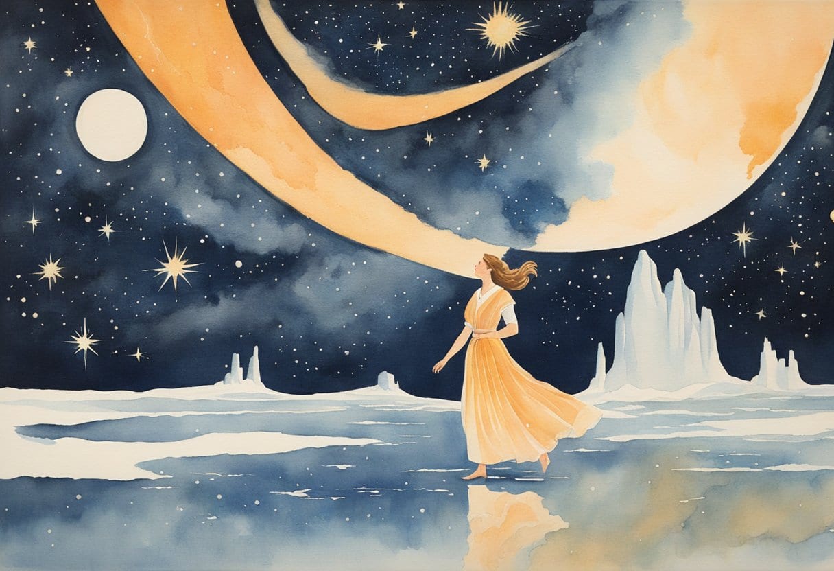 A celestial woman pours a river of milk across the night sky, creating the Milky Way. Star people watch in awe