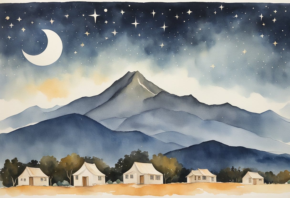 A starry night sky over a Chumash village, with four distinct mountain peaks in the background, each representing one of the four cardinal directions