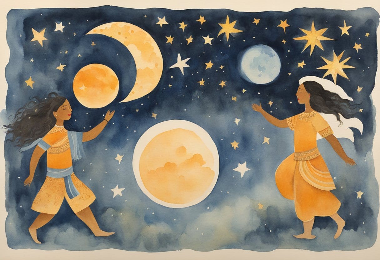 The Sun and Moon dance in the night sky, surrounded by star people and the ancient wisdom of the Chumash people