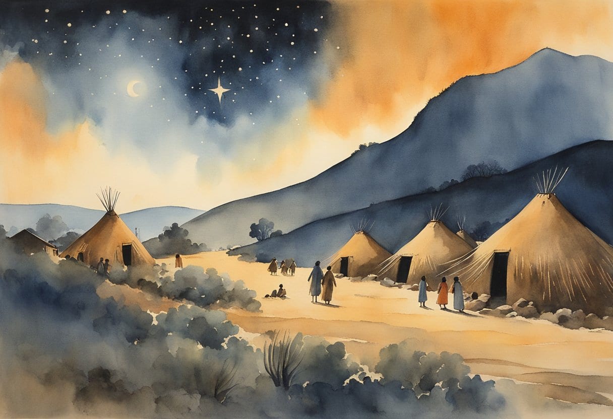 A Chumash village at dusk, with star people descending from the night sky, illuminating the land with their fiery presence