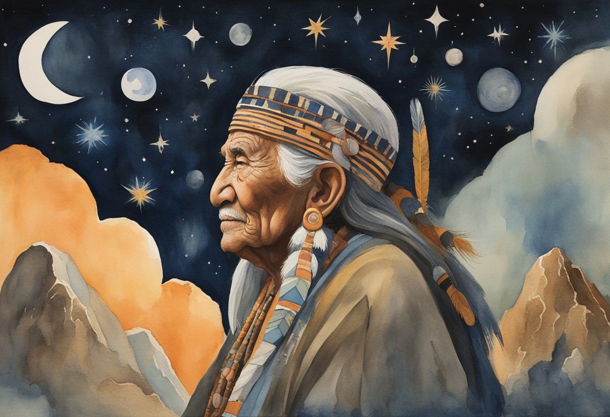 A Chumash elder gazes up at the night sky, surrounded by celestial symbols and mythological creatures from their folklore