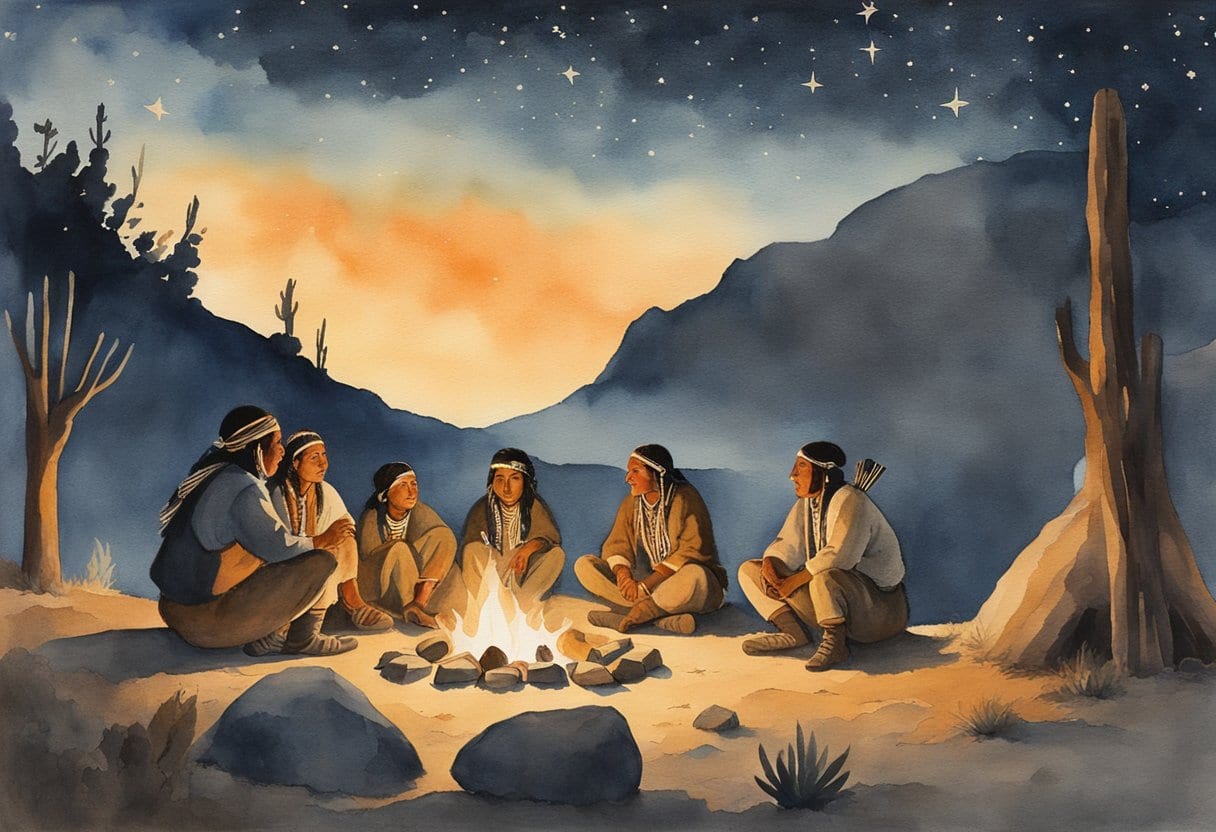 A group of Chumash natives gathered around a campfire, telling stories under the starry night sky