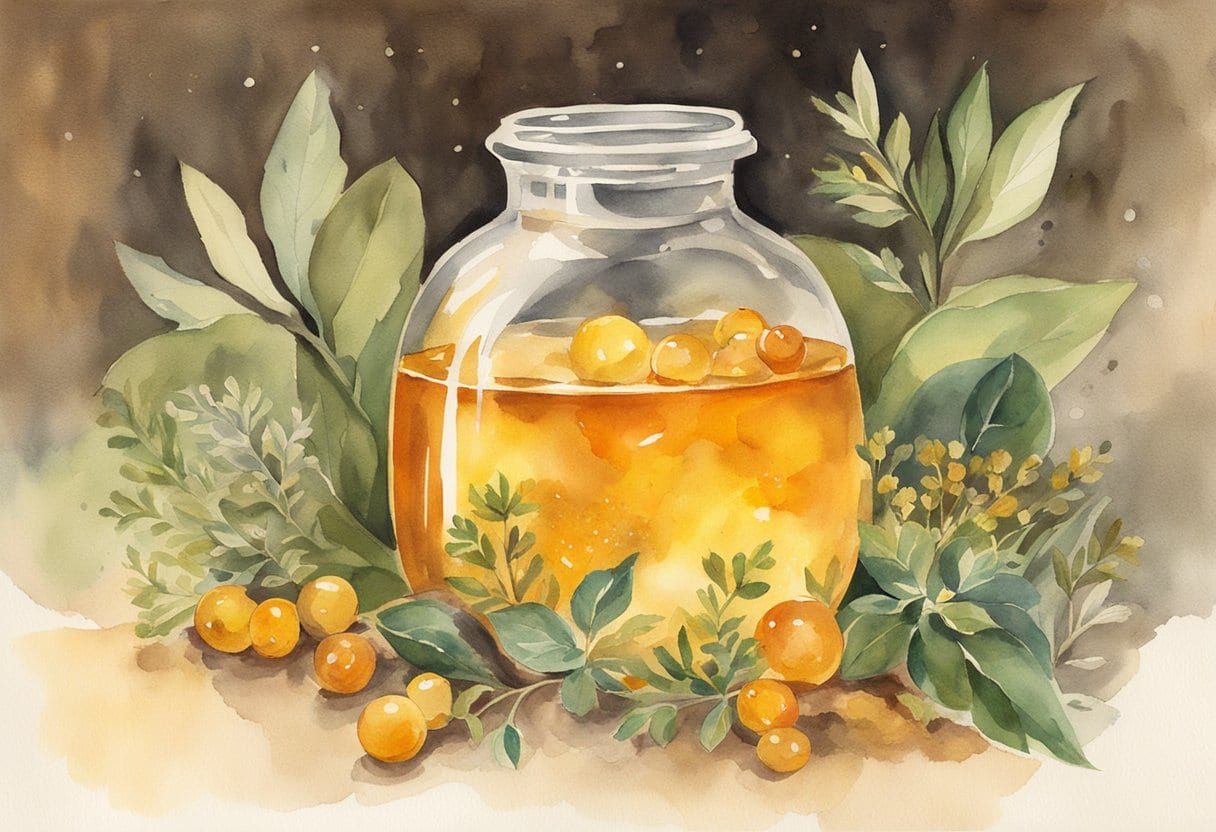 A glowing piece of Baltic amber surrounded by herbs and natural elements, evoking healing lore and folk remedies