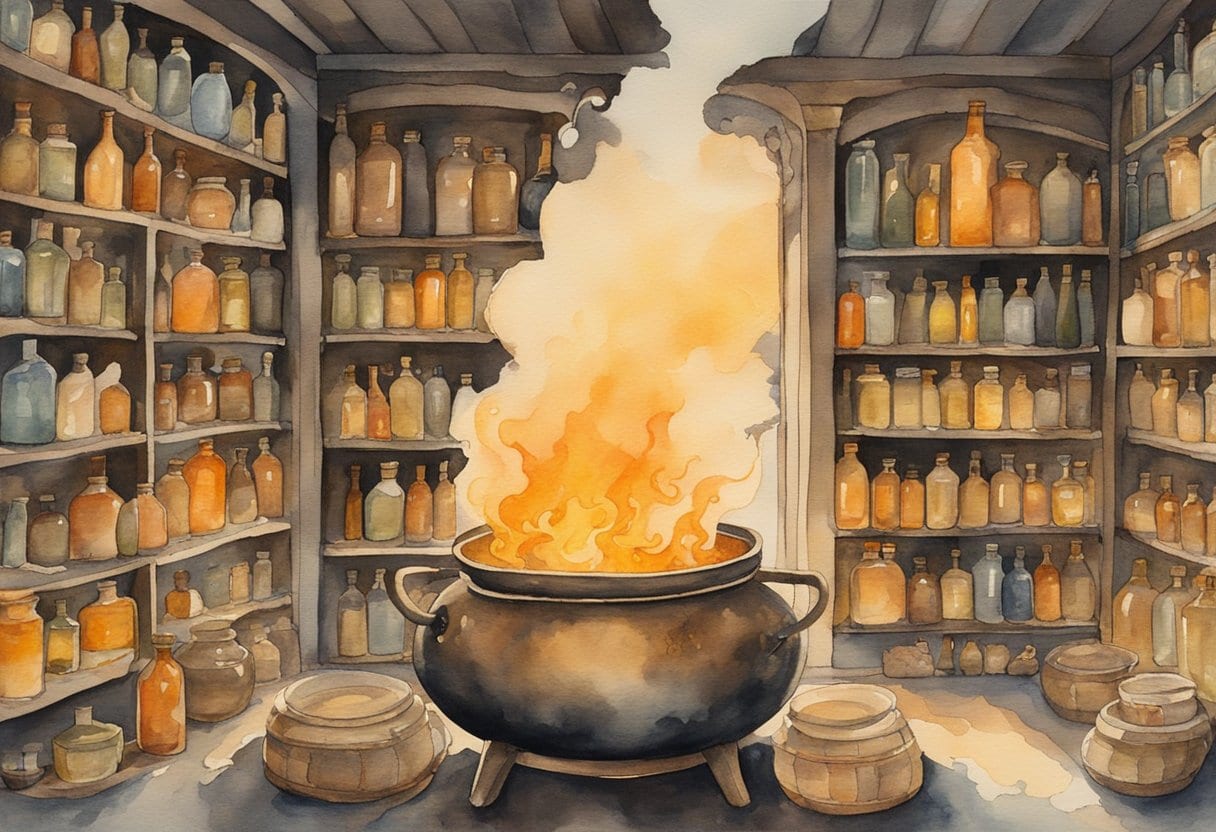 A bubbling cauldron sits atop a crackling fire, surrounded by shelves of glass bottles filled with Baltic amber tinctures and elixirs. Folk remedies and healing lore books line the walls