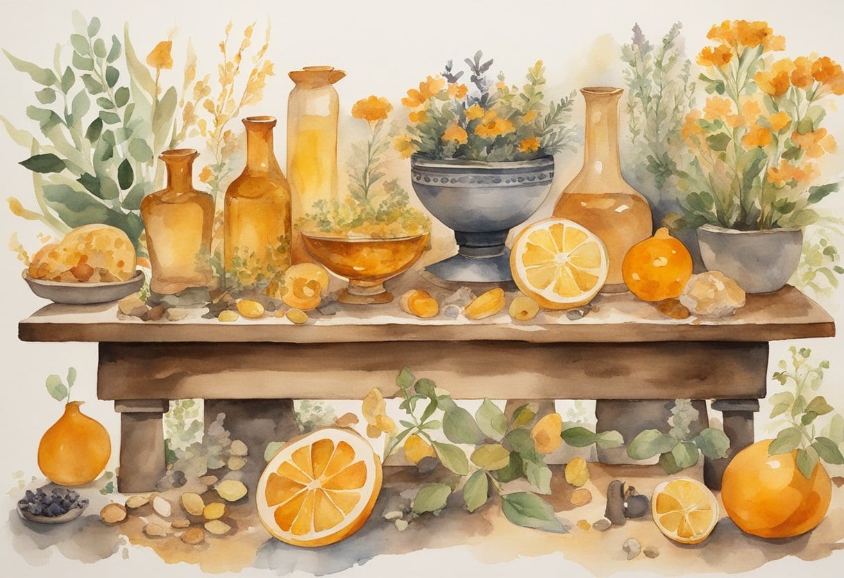 A table covered in Baltic amber talismans, surrounded by healing herbs and folklore artifacts