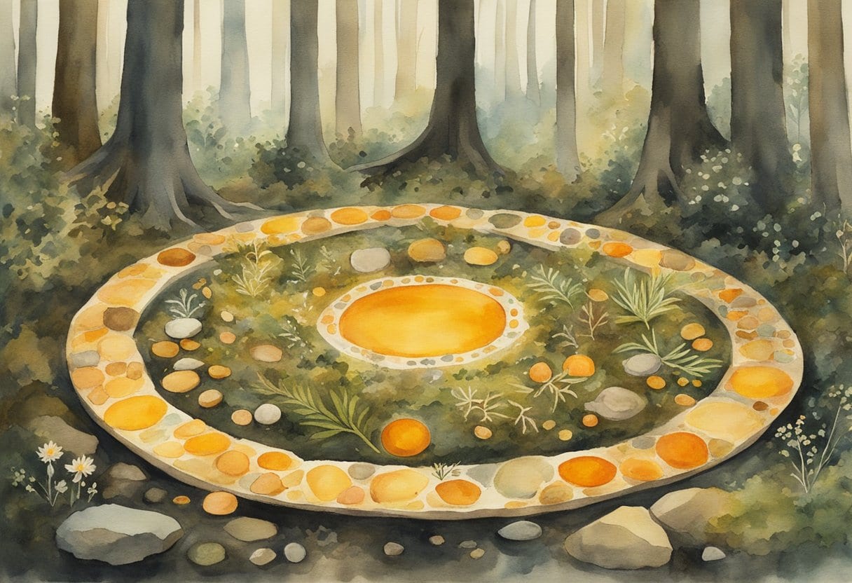 Ancient Baltic ritual: A circle of amber stones, herbs, and healing tools arranged on a mossy forest floor