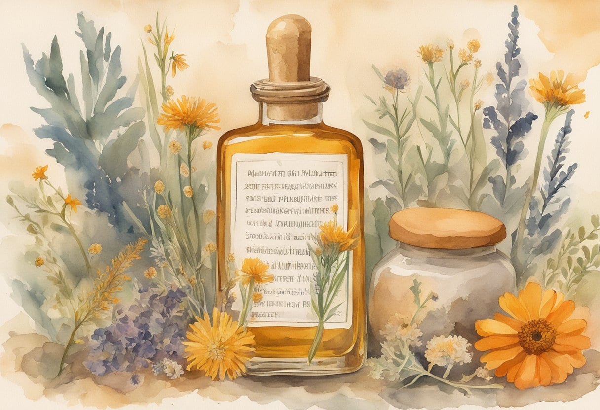 A small vial of amber oil sits atop a bed of dried flowers and herbs, surrounded by ancient texts and folklore symbols
