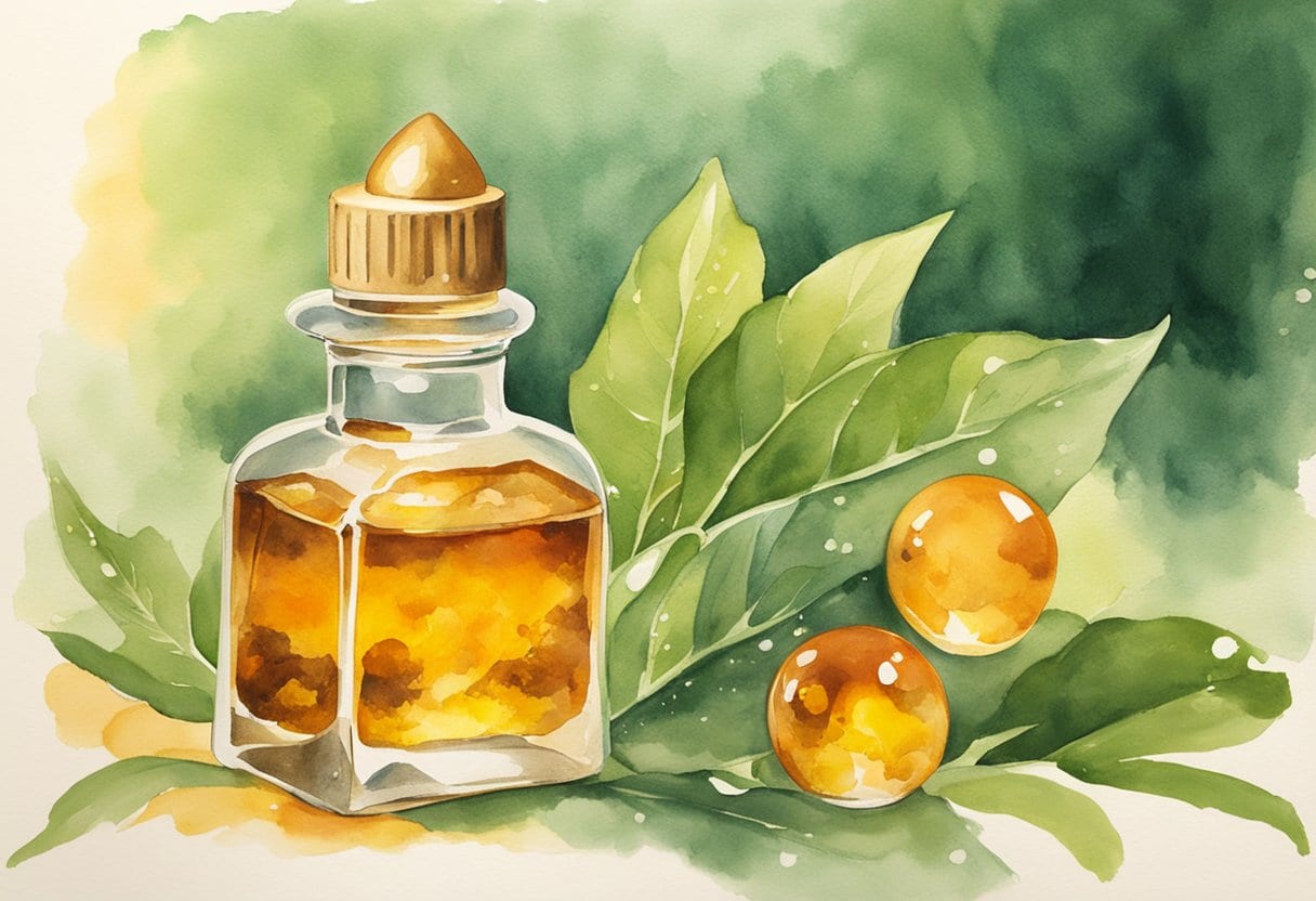 A glowing piece of Baltic amber sits on a bed of green leaves, surrounded by small vials of amber powder supplements
