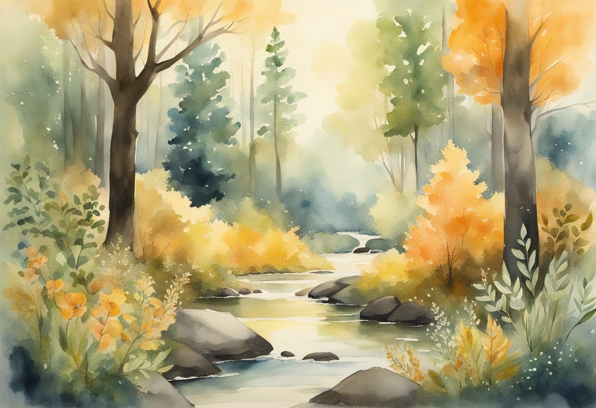 A tranquil forest clearing with a glowing piece of Baltic Amber surrounded by various healing herbs and plants