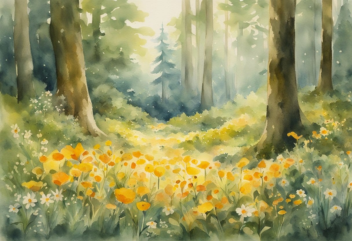A circle of Baltic amber pieces arranged on a mossy forest floor, surrounded by wildflowers and herbs. Sunlight filters through the trees, casting a warm glow on the scene