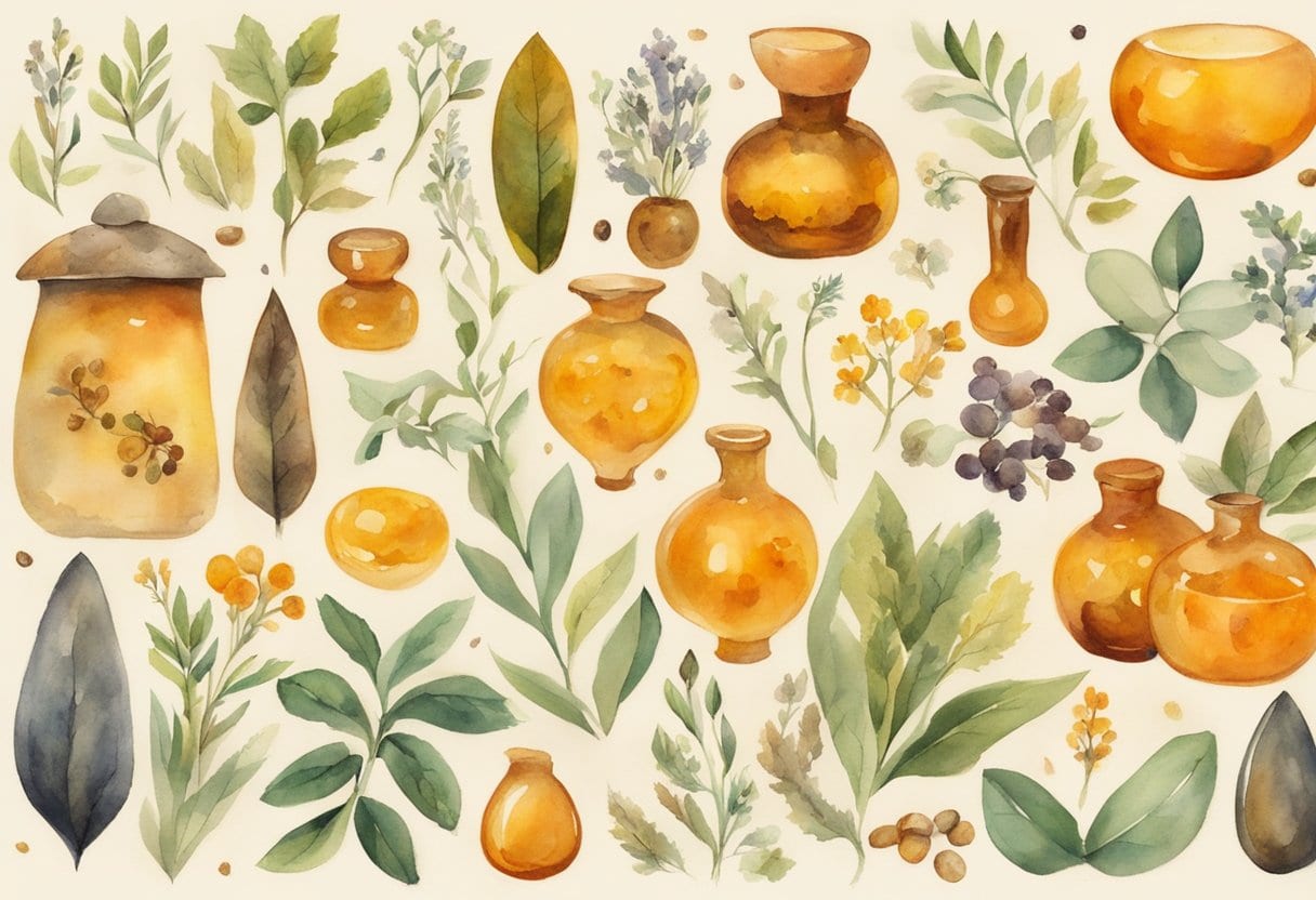A collection of Baltic Amber pieces surrounded by traditional healing herbs and folklore symbols