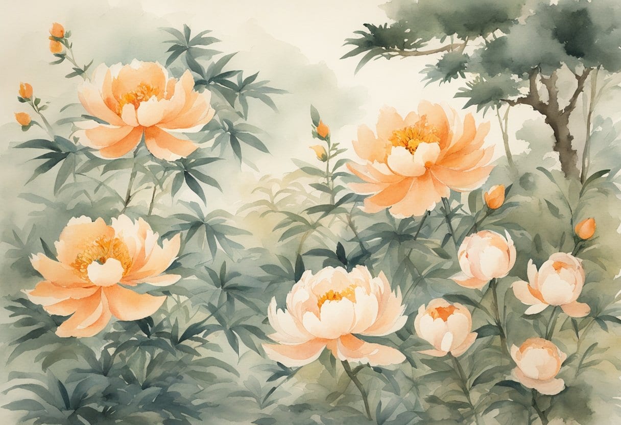 A serene Japanese garden with blooming peony flowers and traditional herbal plants