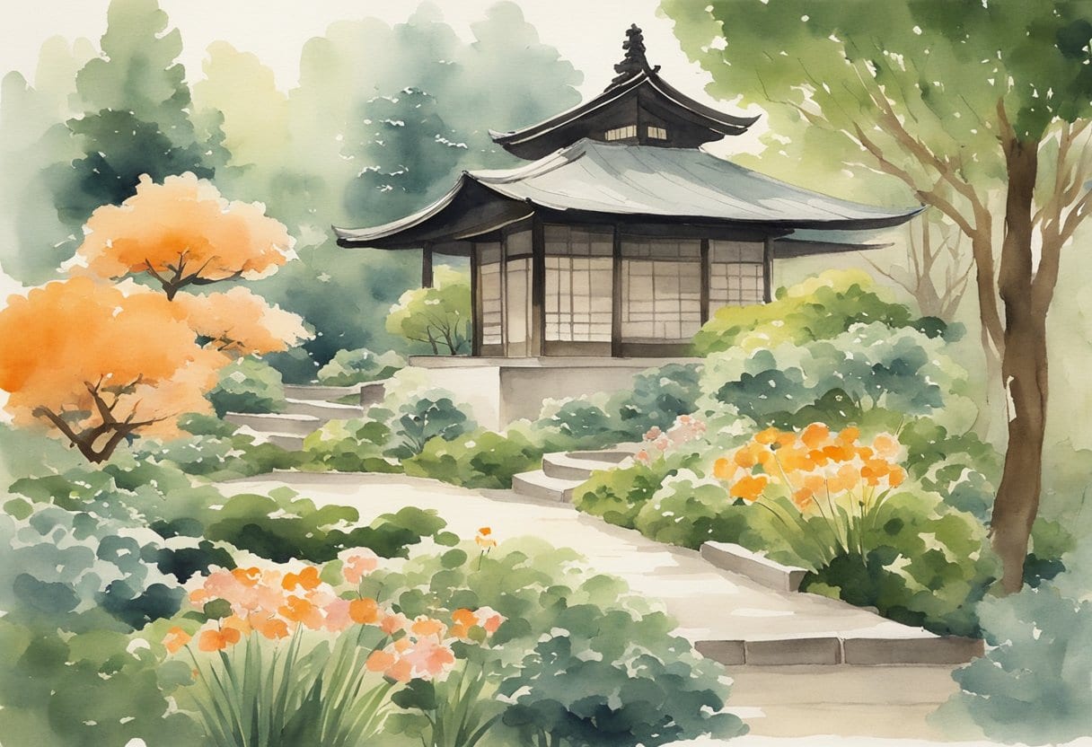 A serene Japanese garden with a traditional Kampo medicine shop nestled among lush greenery and blooming herbal plants