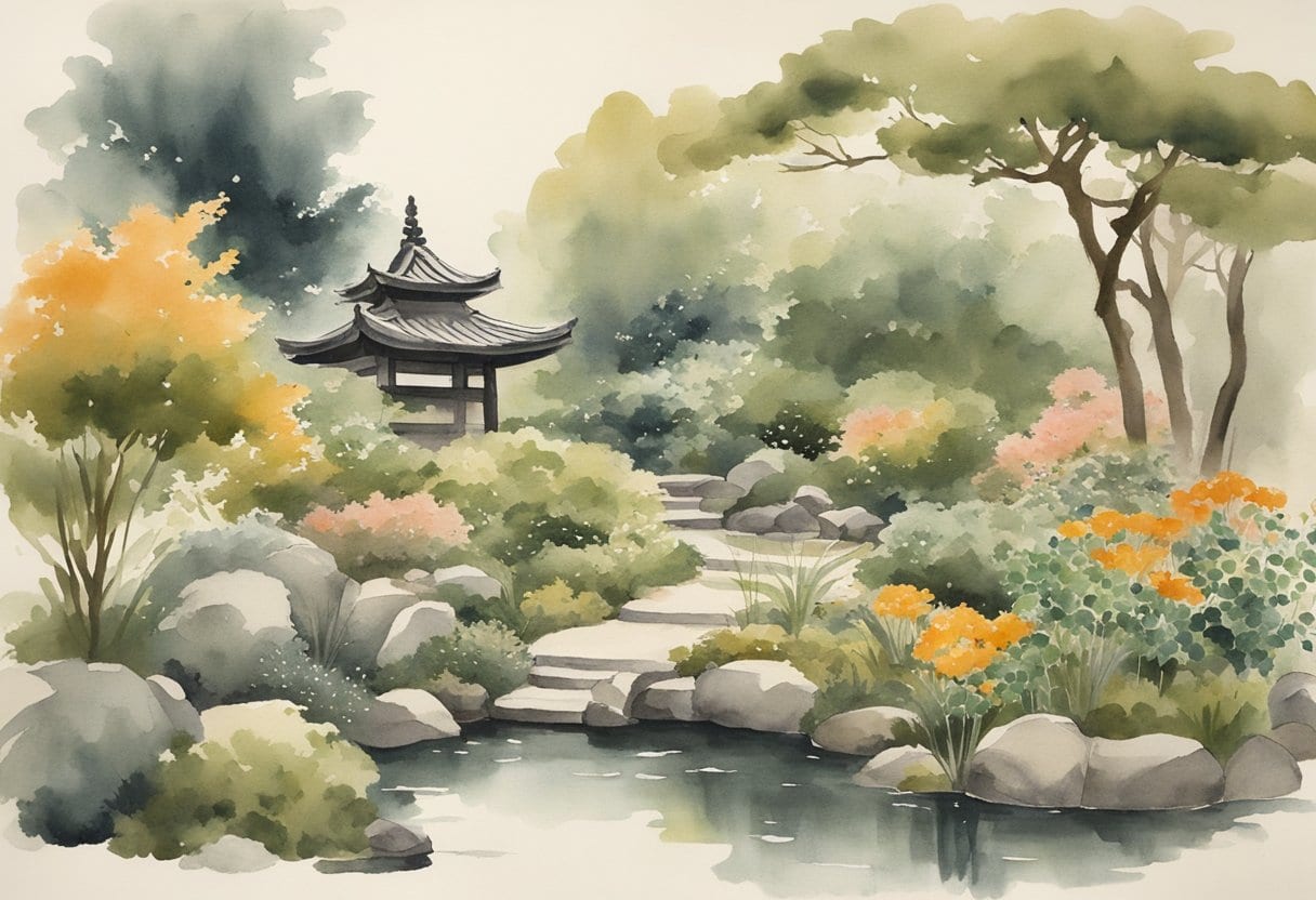 A tranquil Japanese garden with a variety of herbs and plants, including those used in Hochu-ekki-to Kampo medicine