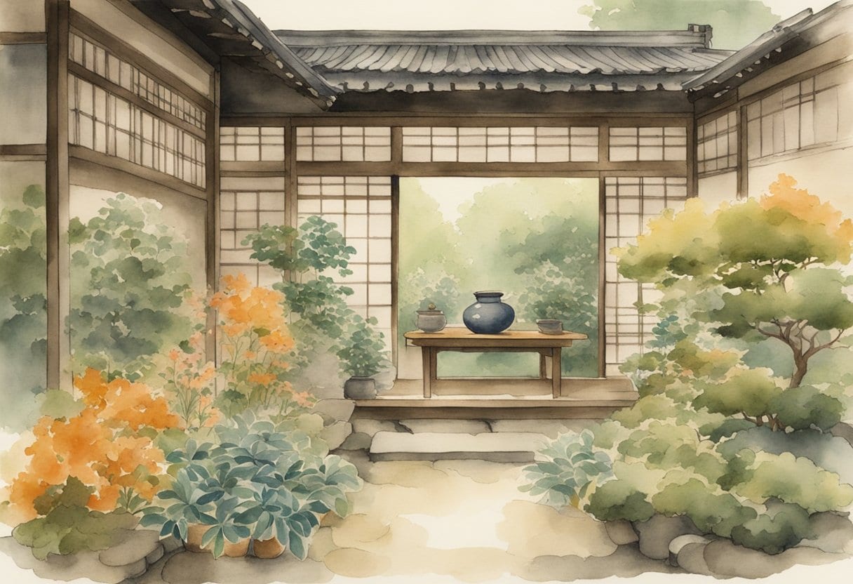 A tranquil Japanese garden filled with various herbs and plants used in Goshajinkigan Kampo medicine, with a traditional wooden apothecary cabinet in the background