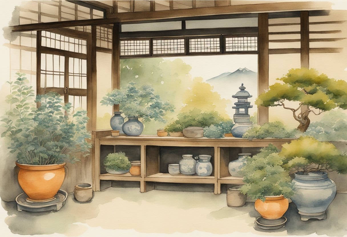 A tranquil Japanese garden with a variety of herbs and plants used in Yokukansan Kampo medicine, with a traditional wooden apothecary cabinet in the background