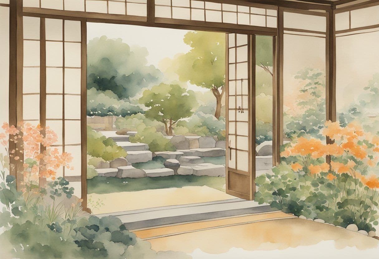 A serene Japanese garden with various herbs and plants, a traditional Kampo medicine cabinet, and a peaceful atmosphere