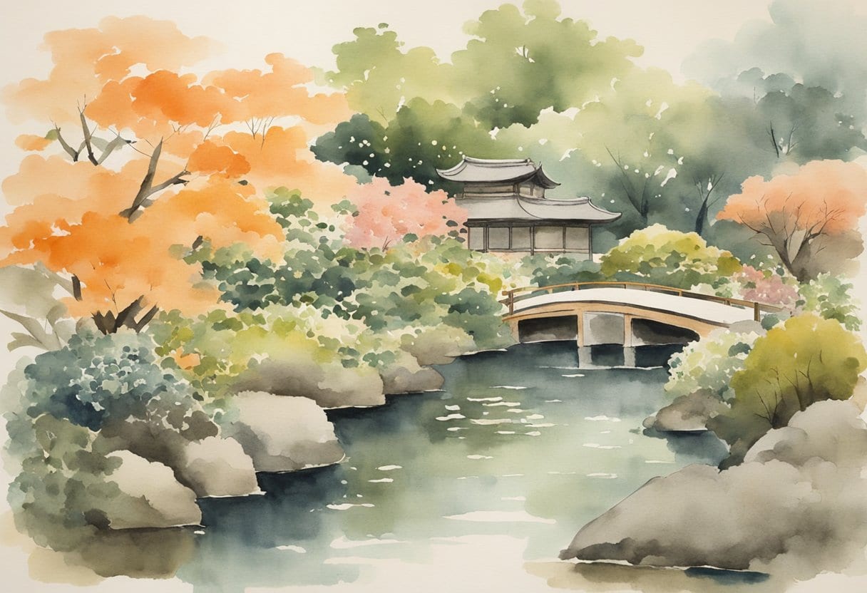 A tranquil Japanese garden with various herbs and plants arranged in a traditional Kampo medicine setting