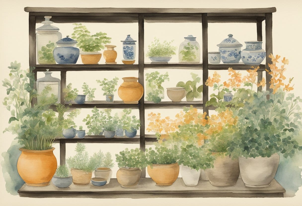 A serene Japanese garden with various herbs and plants, a traditional wooden apothecary cabinet, and ancient scrolls on herbal remedies