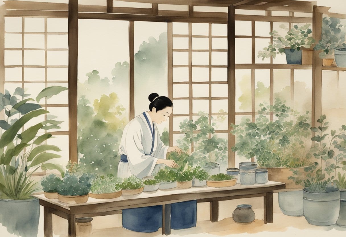 A serene Japanese garden with various herbs and plants, a traditional Kampo medicine practitioner preparing herbal remedies in a modern laboratory