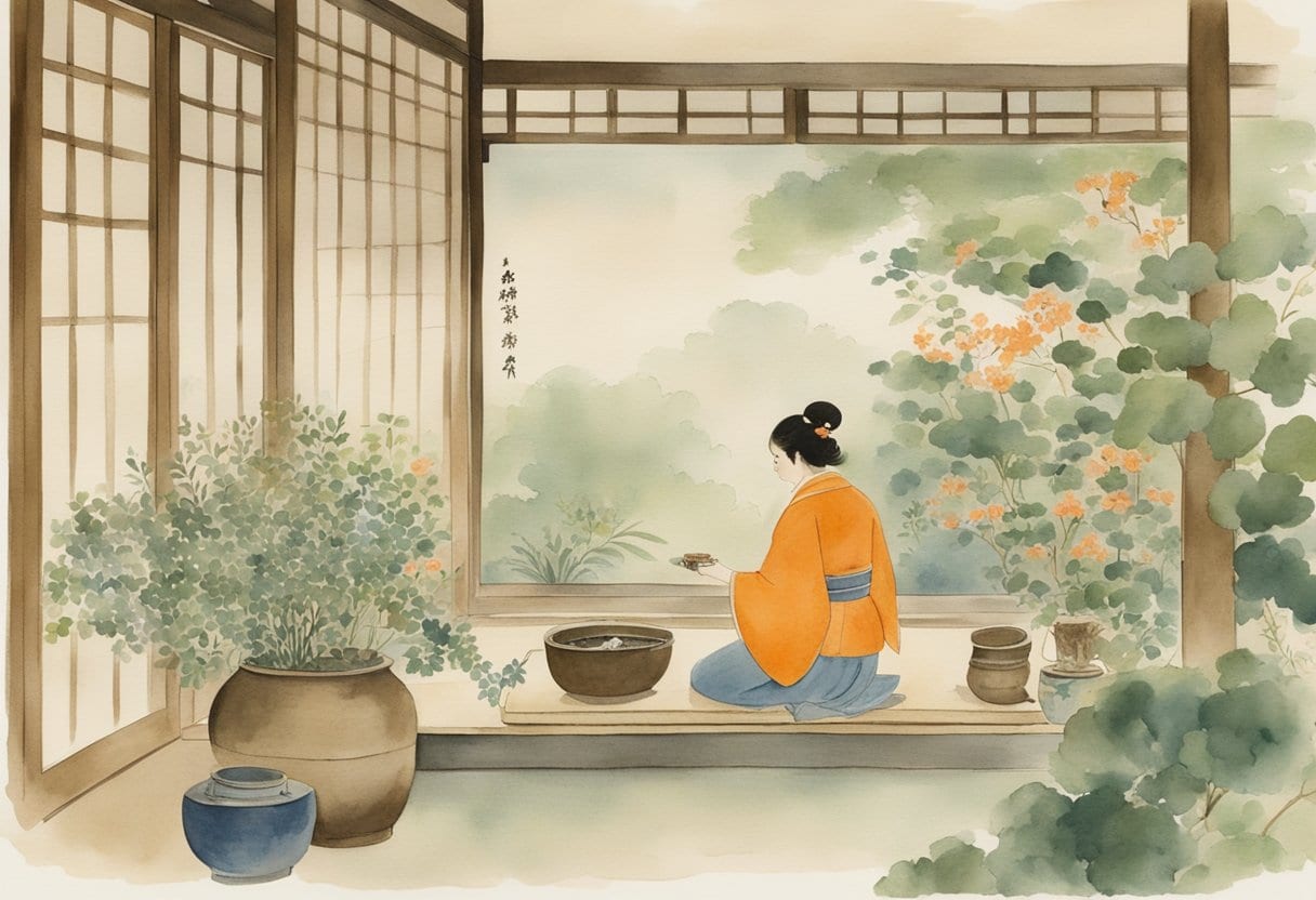 A serene Japanese garden with various herbs and plants, a traditional Kampo medicine cabinet, and a wise herbalist preparing remedies
