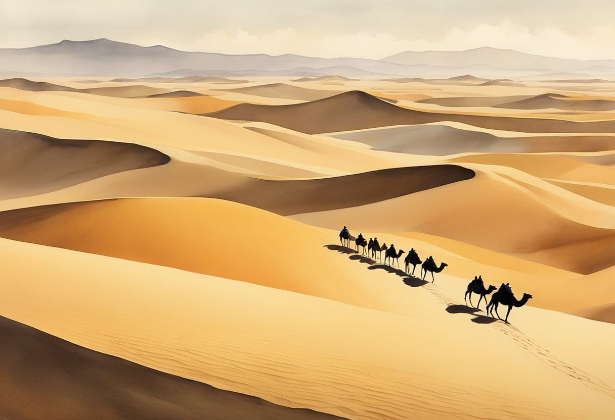 A lone camel caravan traverses the vast, undulating dunes of the Nefud Desert under a scorching sun