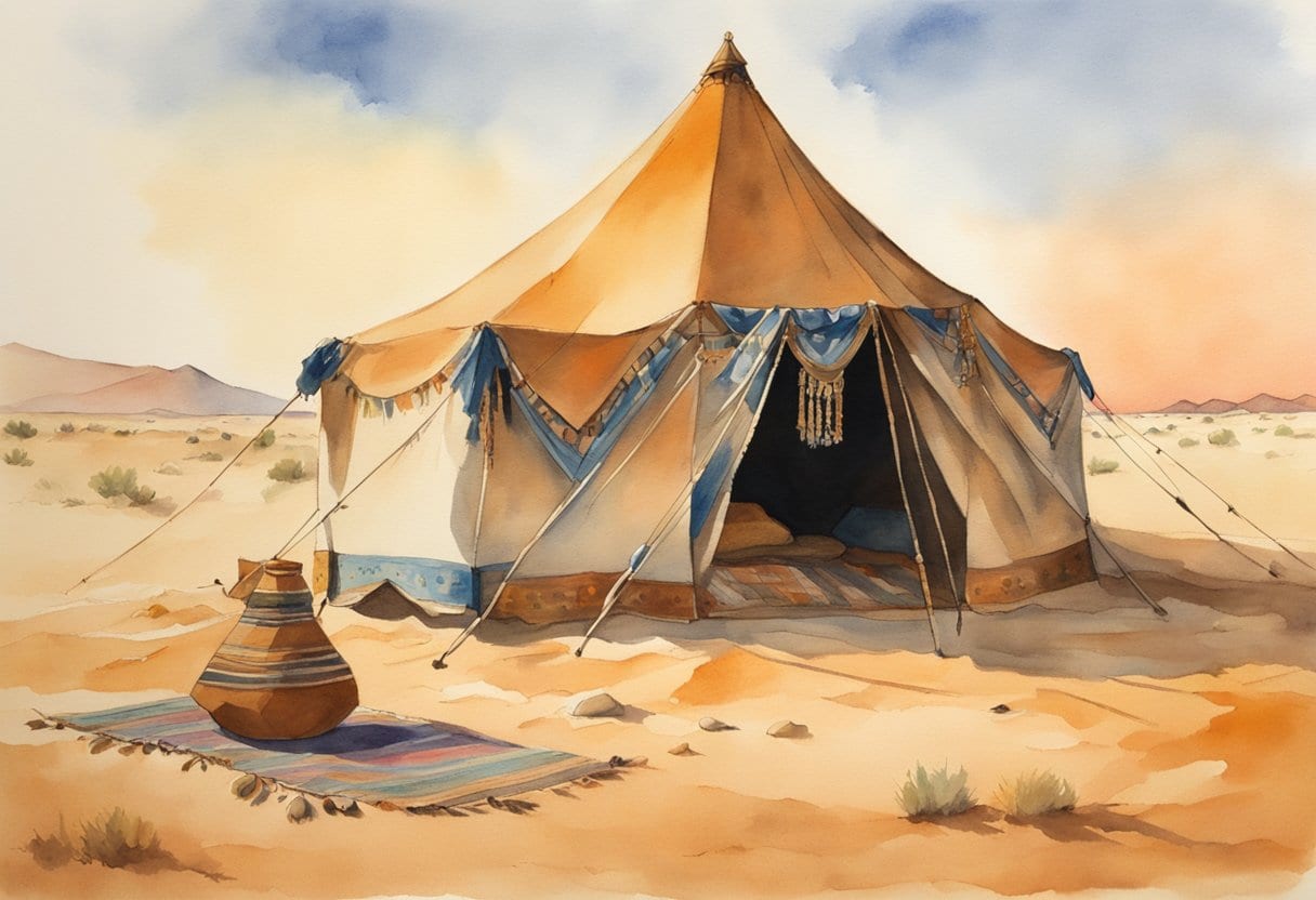 A Bedouin tent surrounded by desert dunes, with traditional rugs and artifacts displayed inside. A camel stands nearby, and the sun sets in the distance