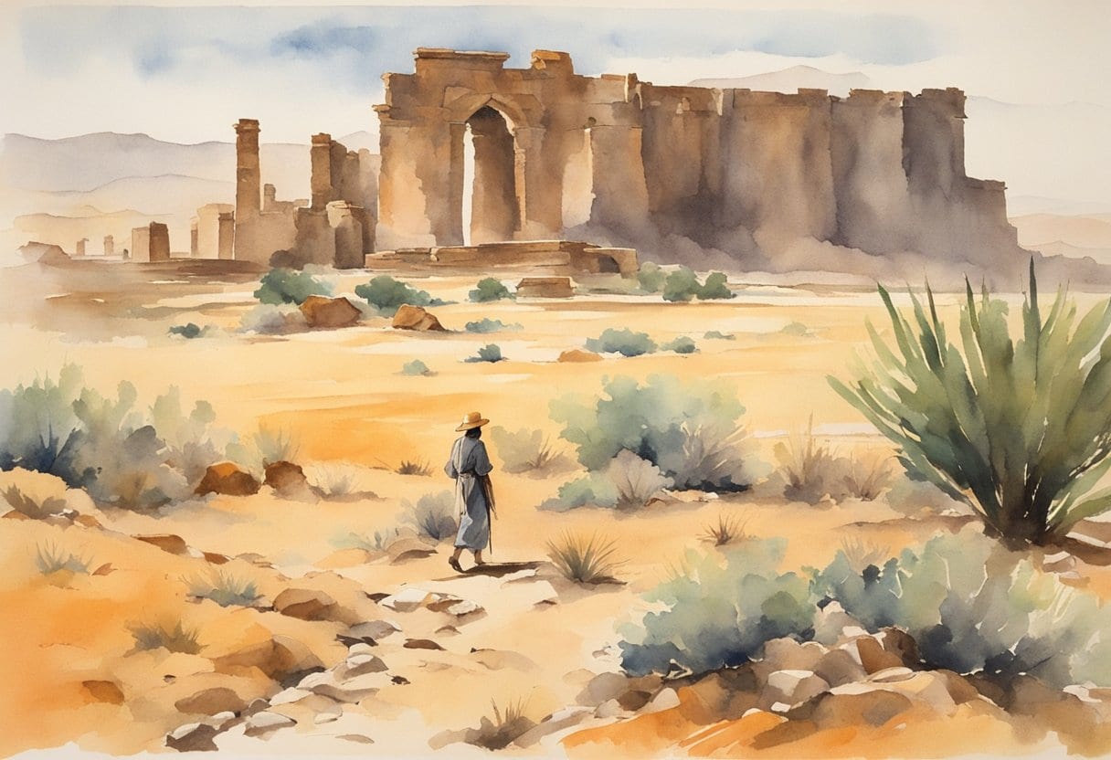 A desert landscape with ancient ruins and a lone traveler's campsite