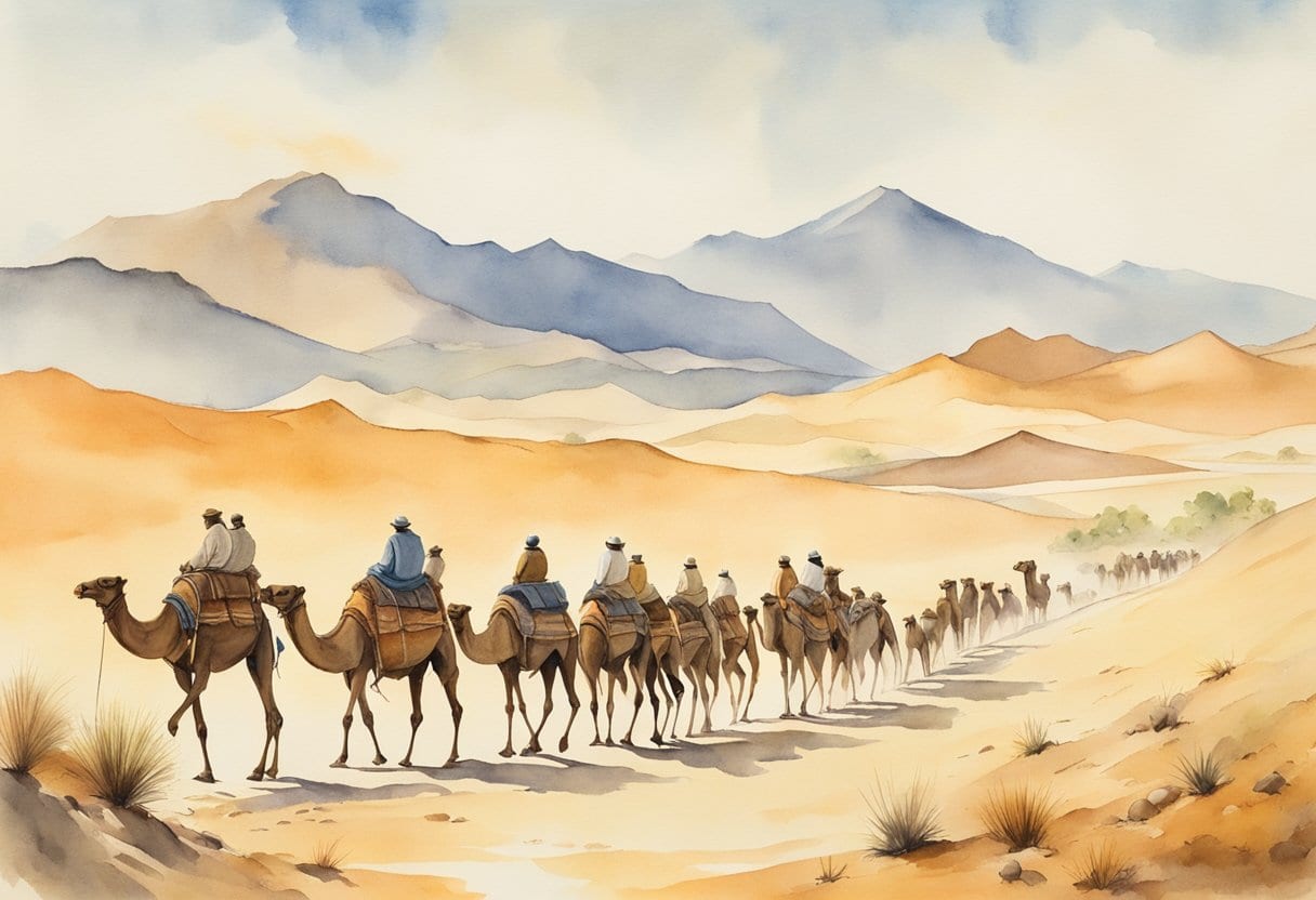 A camel caravan travels through a desert landscape, following an ancient trade route. Sand dunes and distant mountains fill the background