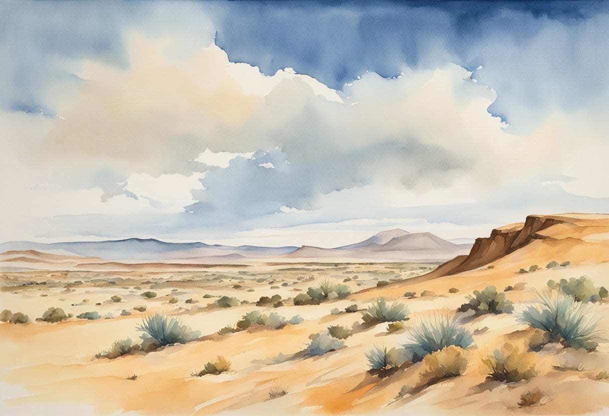 A vast, desolate desert landscape with rolling sand dunes and rocky outcrops under a clear, blue sky