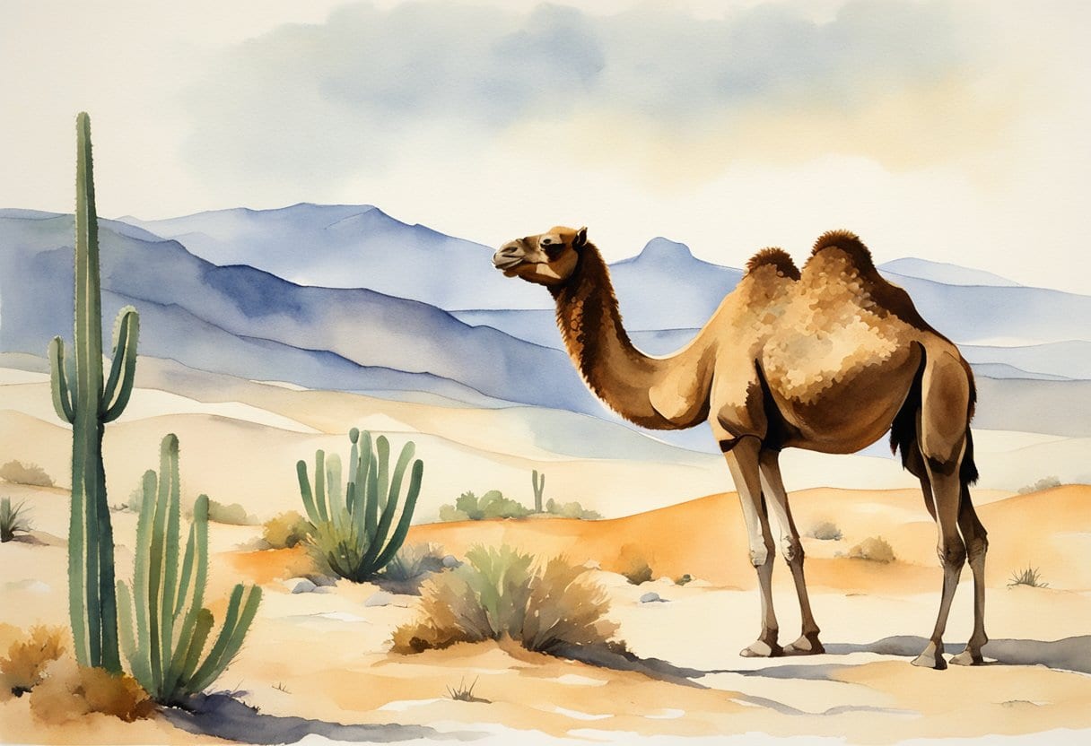 A lone camel stands amidst prickly cacti and sparse shrubs, with a backdrop of towering sand dunes and a vast, empty desert landscape