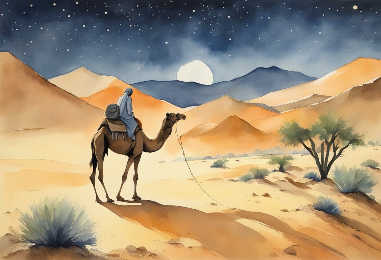 A lone figure navigating rugged desert terrain, with a camel and supplies, under a vast, starry Arabian sky