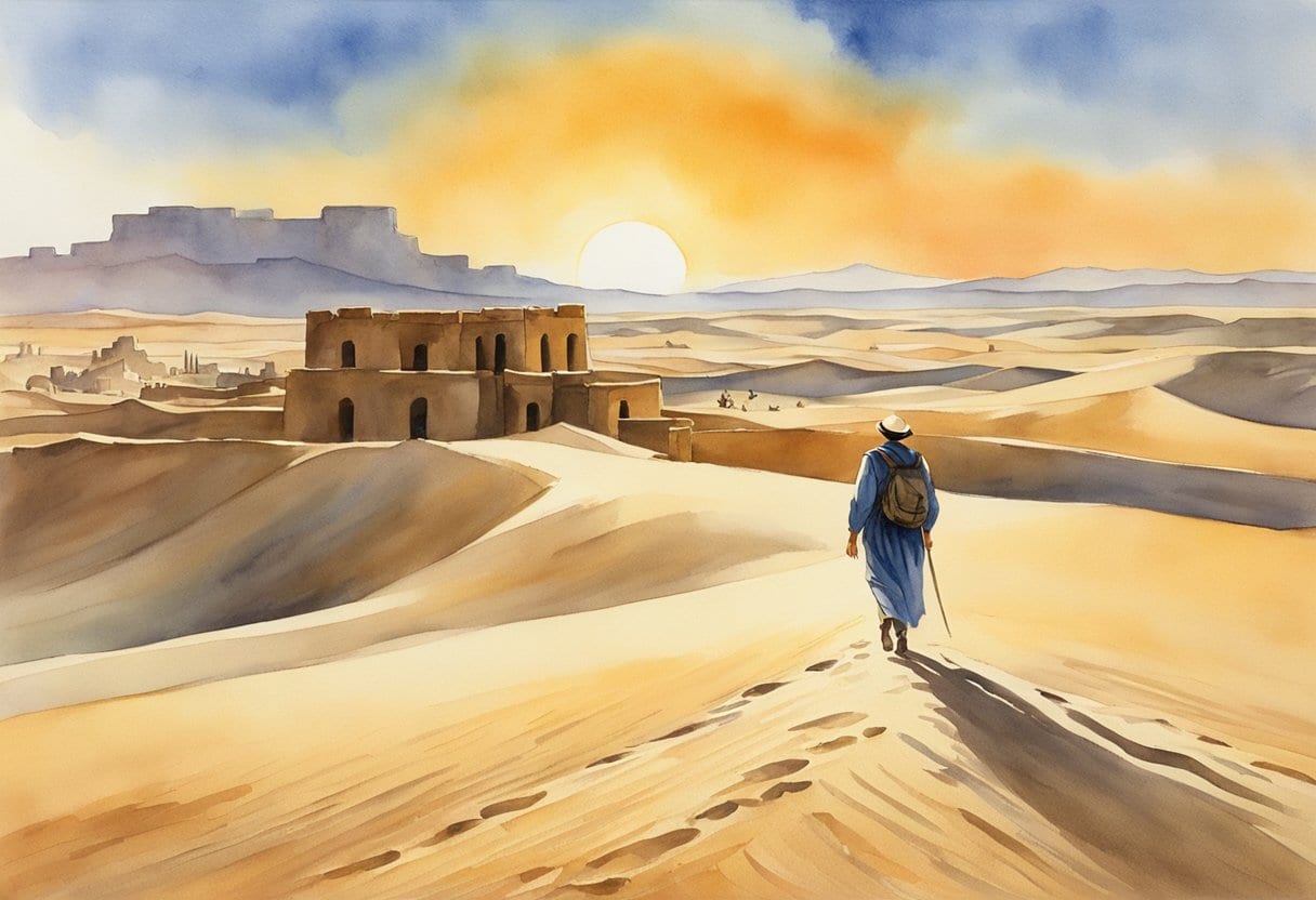 A lone traveler crosses a vast desert, surrounded by towering sand dunes and ancient ruins, under the bright Arabian sun