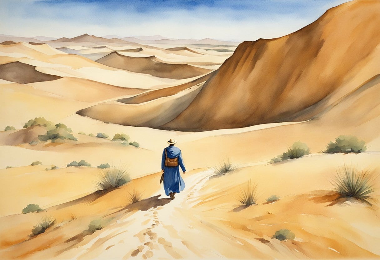 A lone traveler crosses the vast Arabian desert, surrounded by towering sand dunes and a clear blue sky
