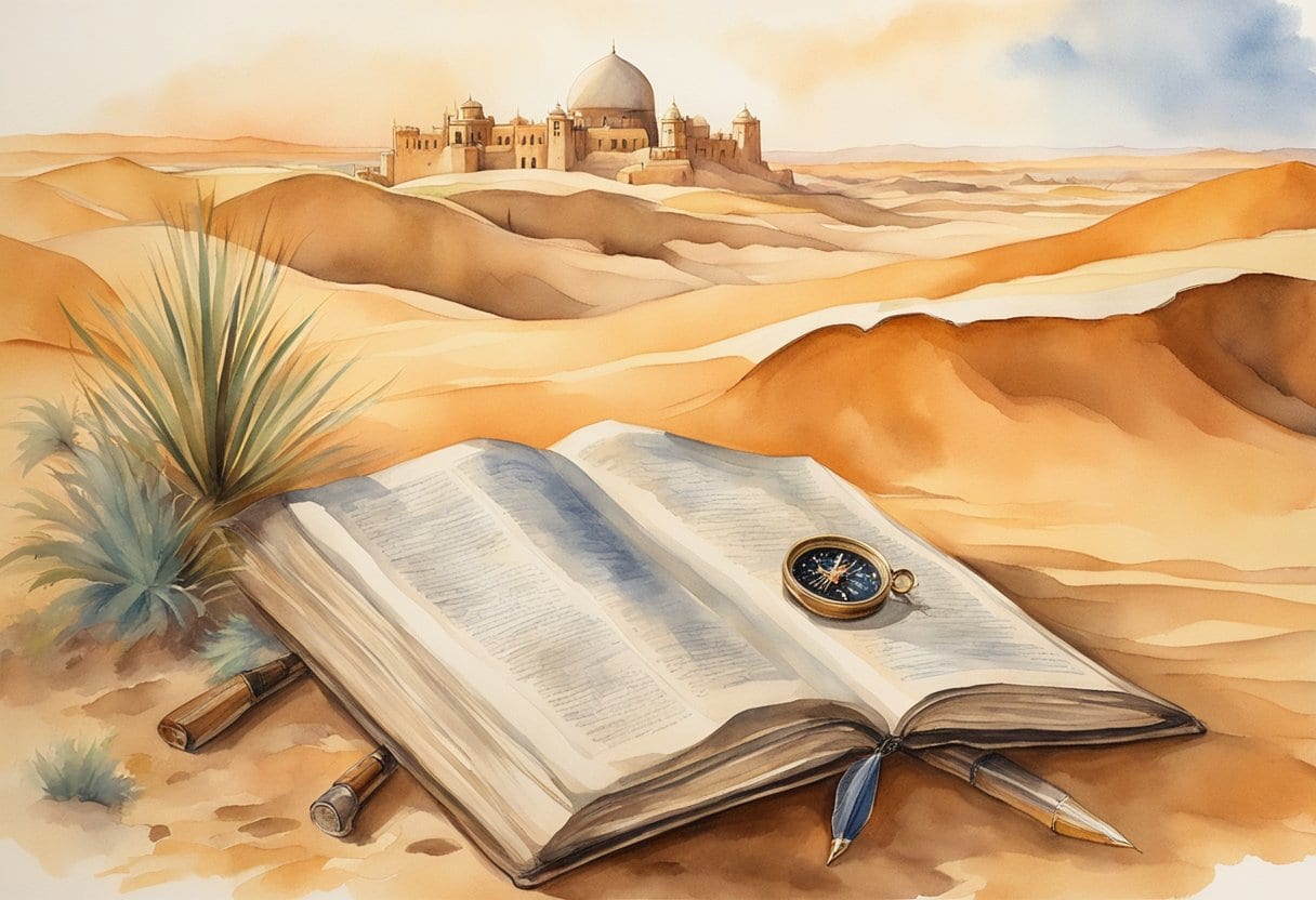 An open book surrounded by a compass, quill, and parchment, with a backdrop of desert dunes and Arabian architecture