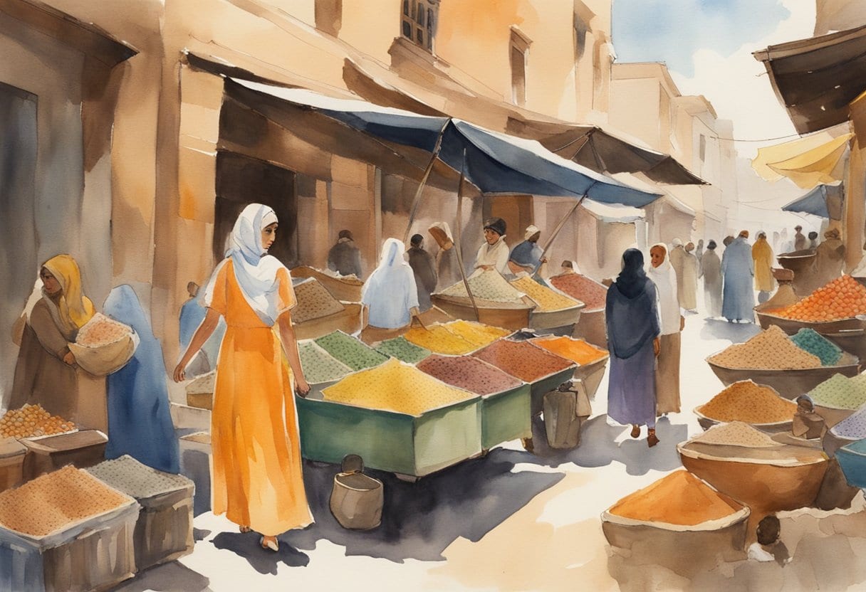Freya Stark navigating a bustling Middle Eastern market, surrounded by colorful textiles and exotic spices