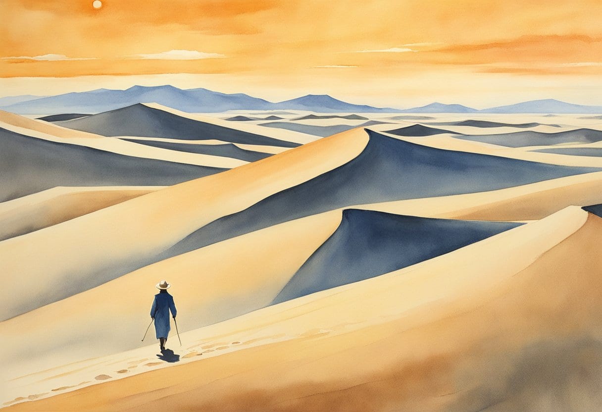 A lone figure traverses vast sand dunes under a blazing sun, surrounded by the endless expanse of the Empty Quarter