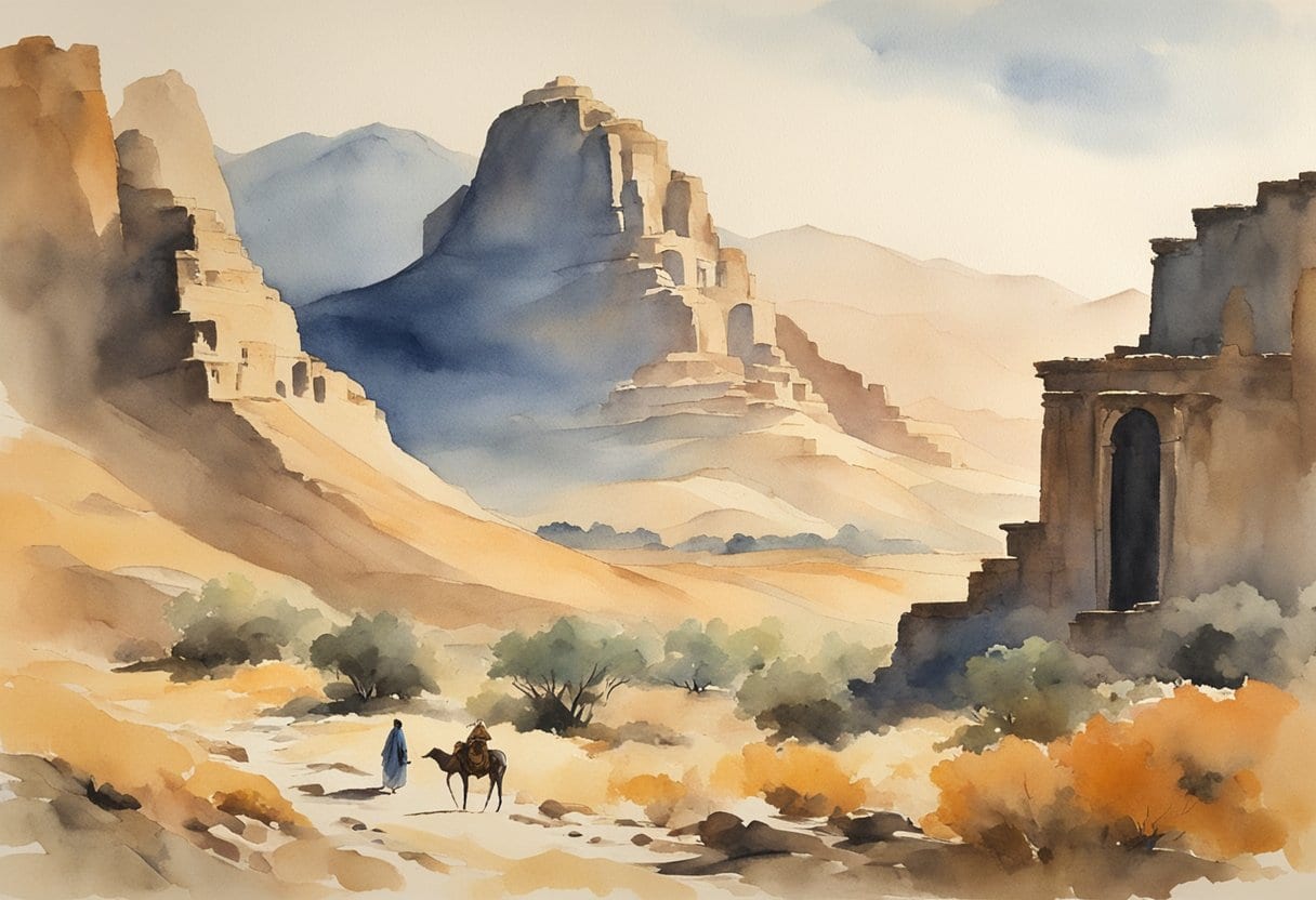 A lone figure traverses rugged Middle Eastern landscape, surrounded by ancient ruins and towering mountains
