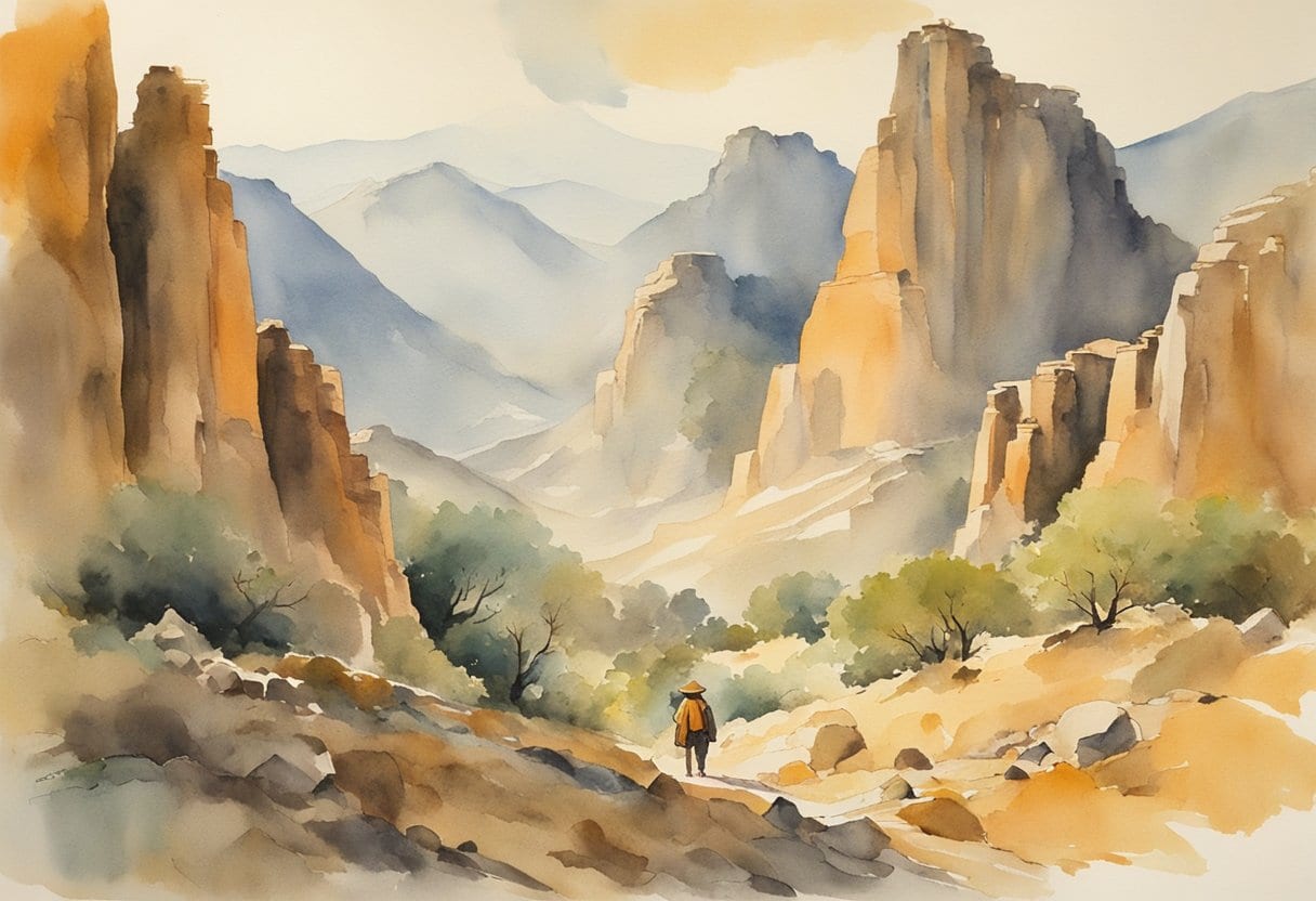 A lone figure traverses rugged Luristan terrain, surrounded by ancient ruins and towering mountains