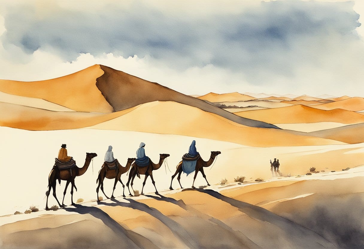 A lone camel caravan traverses a vast desert, led by a fearless female explorer. Sand dunes stretch to the horizon under a blazing sun