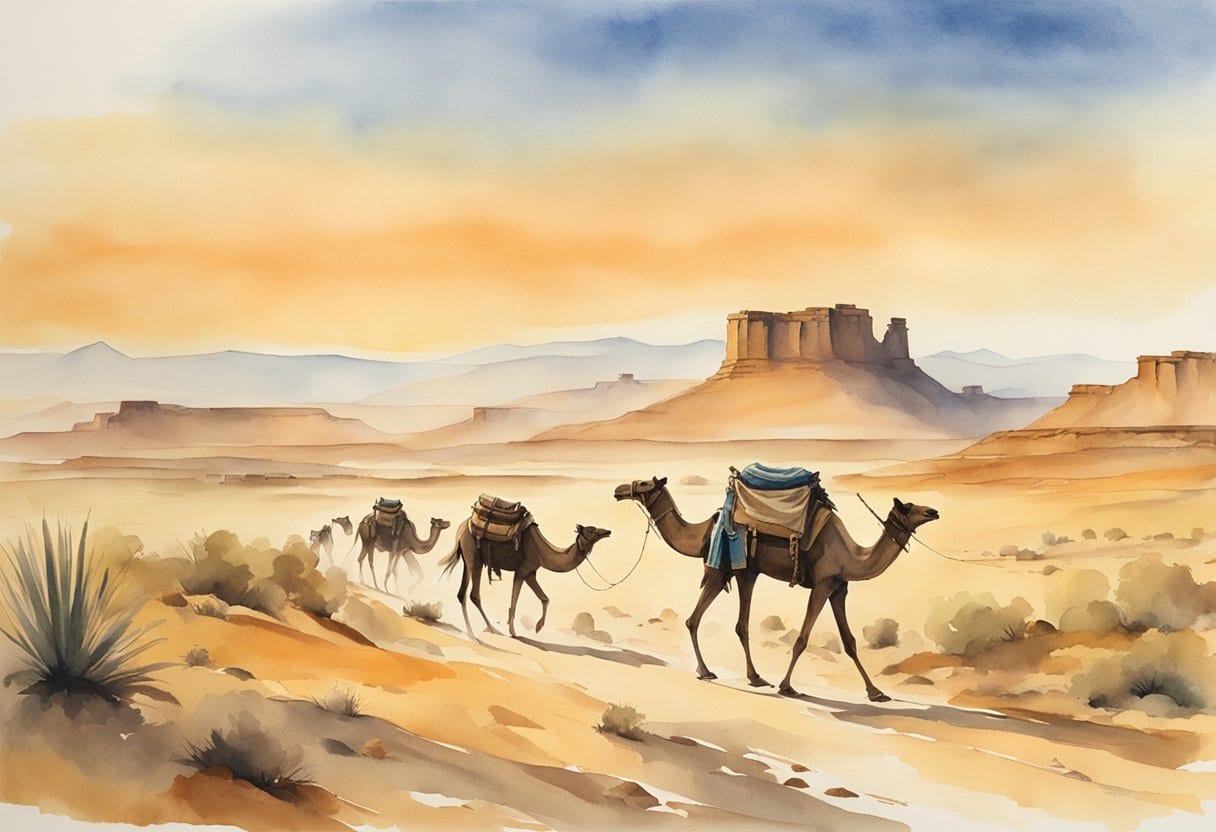A rugged desert landscape with ancient ruins and a lone camel caravan crossing the horizon
