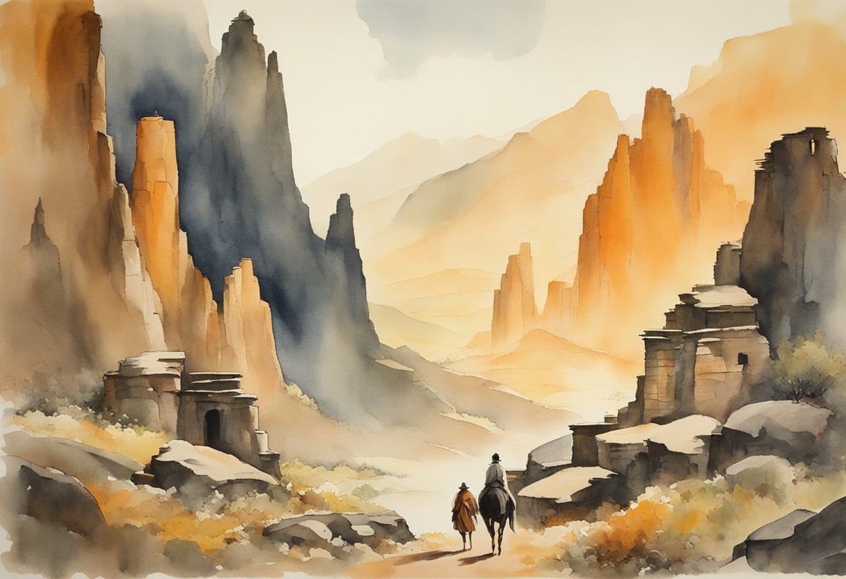 A lone figure navigates rugged terrain, surrounded by towering cliffs and ancient ruins, on a daring journey to the Valley of the Assassins