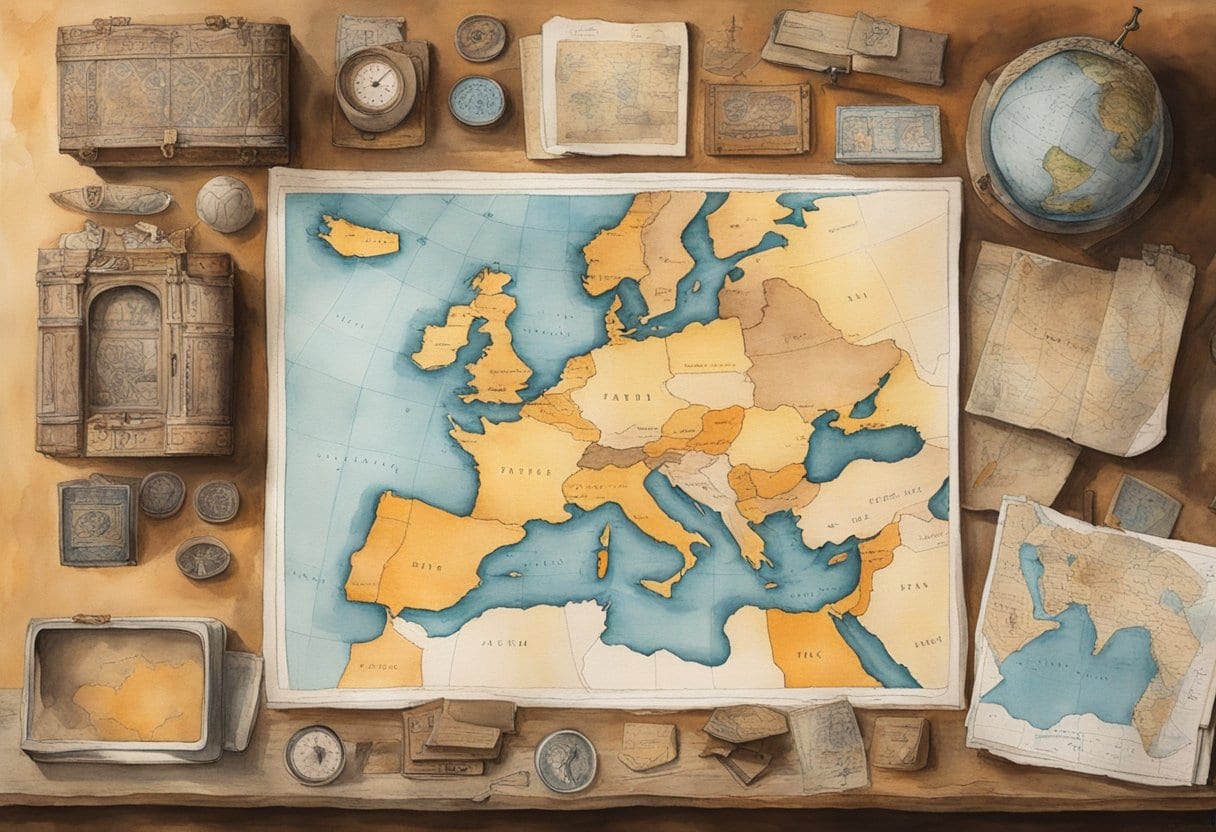 A dusty map of the Middle East, surrounded by worn travel journals and a collection of exotic souvenirs, sits on a weathered wooden desk