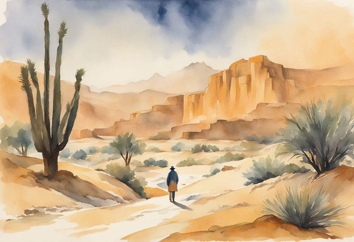 A lone figure braves a desert oasis in the midst of a winter storm, surrounded by the stark beauty of the Arabian landscape