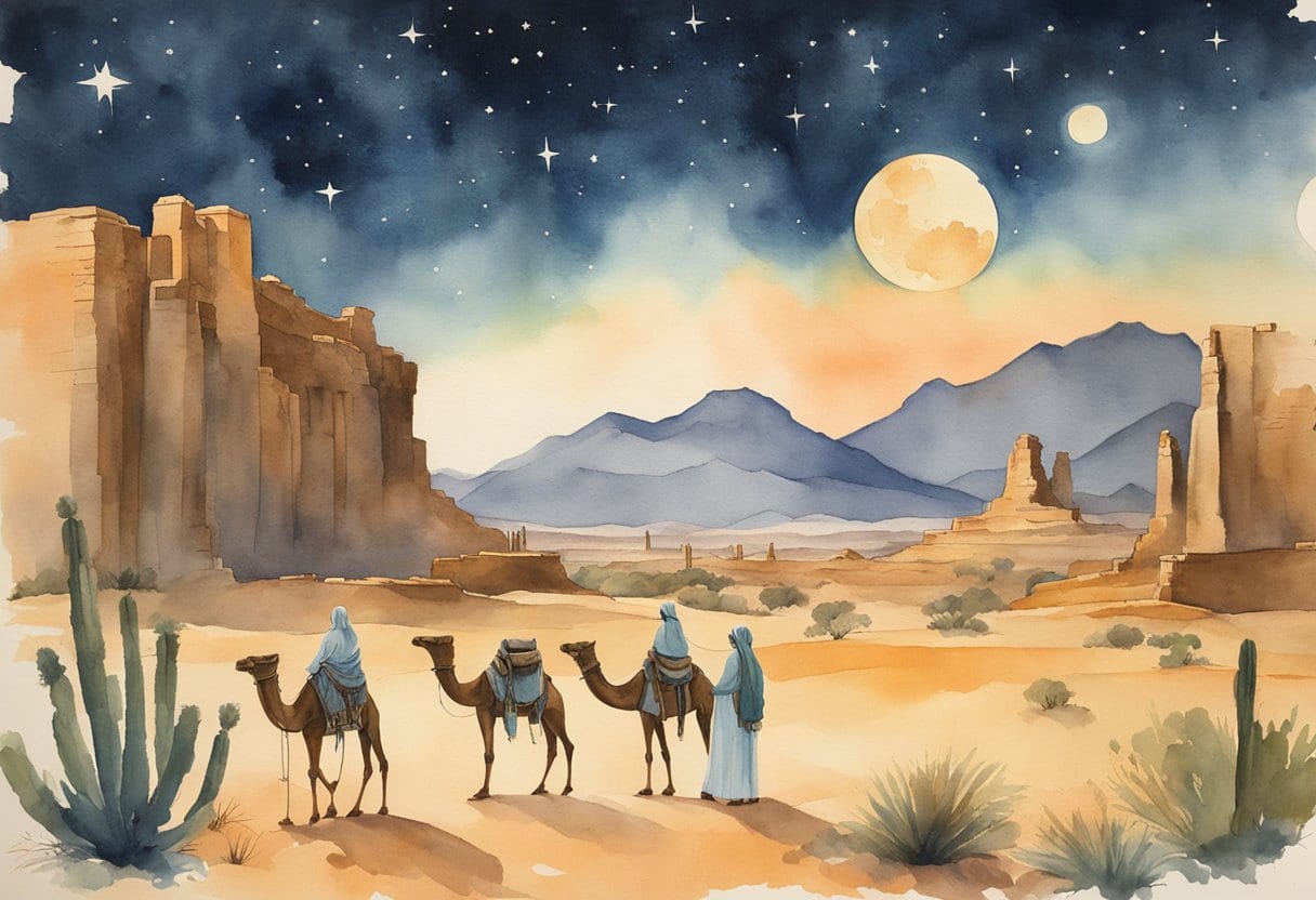 A desert landscape with ancient ruins, camels, and a female explorer studying a map under a starry night sky